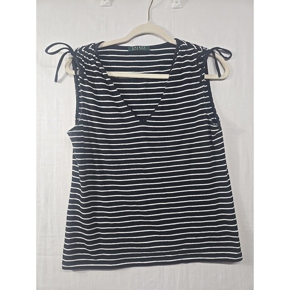Lauren Ralph Lauren Striped Knit Tank Top Women's Size M? Black White Ruched Tie - Picture 1 of 8